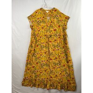 Terra & Sky Floral Maxi Dress Women 1X Mustard Yellow NEW Drawstring Ruffle Hem